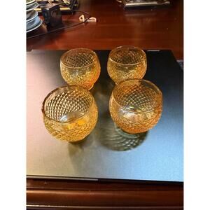 Vintage  (MCM) Empoli Italian amber diamond point roly poly cordial glasses.